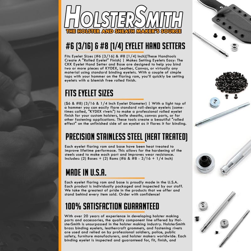 HolsterSmith Eyelet Hand Setter & Eyelet Combo Kit - Includes (1)(#8 Hand Setter) + (100)(#8-9 Black Eyelets) - for DIY Kydex & Leather Holster Making, Upholstery, and Apparel Binding - Image 5